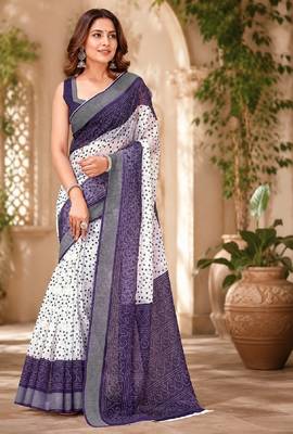 White purple linen digital print work saree with unstitched blouse piece 4