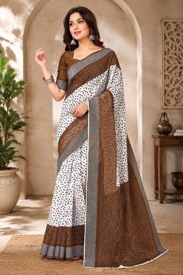White brown linen digital print work saree with unstitched blouse piece 1