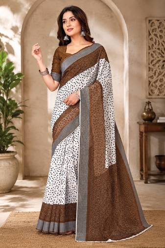 White brown linen digital print work saree with unstitched blouse piece