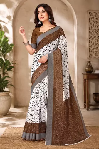 White brown linen digital print work saree with unstitched blouse piece