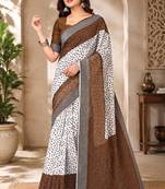 White brown linen digital print work saree with unstitched blouse piece
