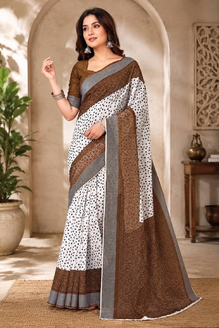 White brown linen digital print work saree with unstitched blouse piece