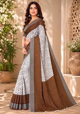 White brown linen digital print work saree with unstitched blouse piece 2