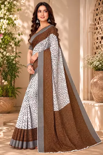 White brown linen digital print work saree with unstitched blouse piece