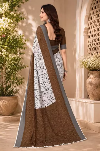 White brown linen digital print work saree with unstitched blouse piece