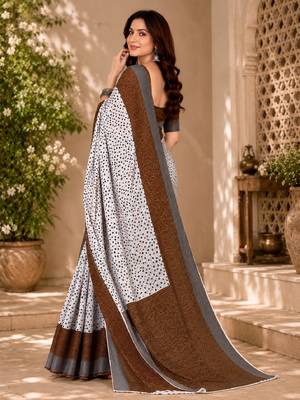 White brown linen digital print work saree with unstitched blouse piece 4