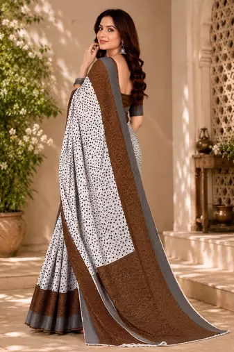 White brown linen digital print work saree with unstitched blouse piece