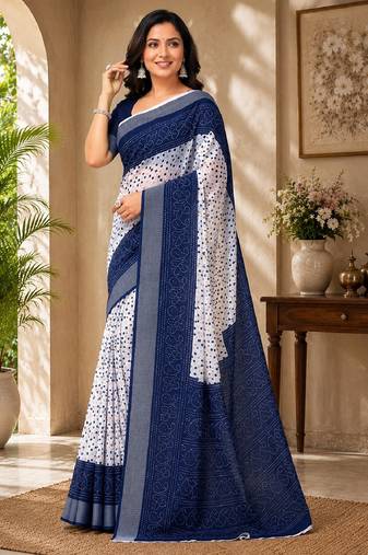 White blue linen digital print work saree with unstitched blouse piece