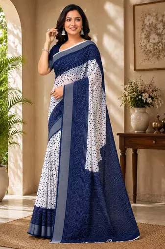 White blue linen digital print work saree with unstitched blouse piece
