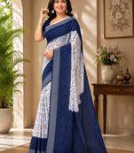 White blue linen digital print work saree with unstitched blouse piece