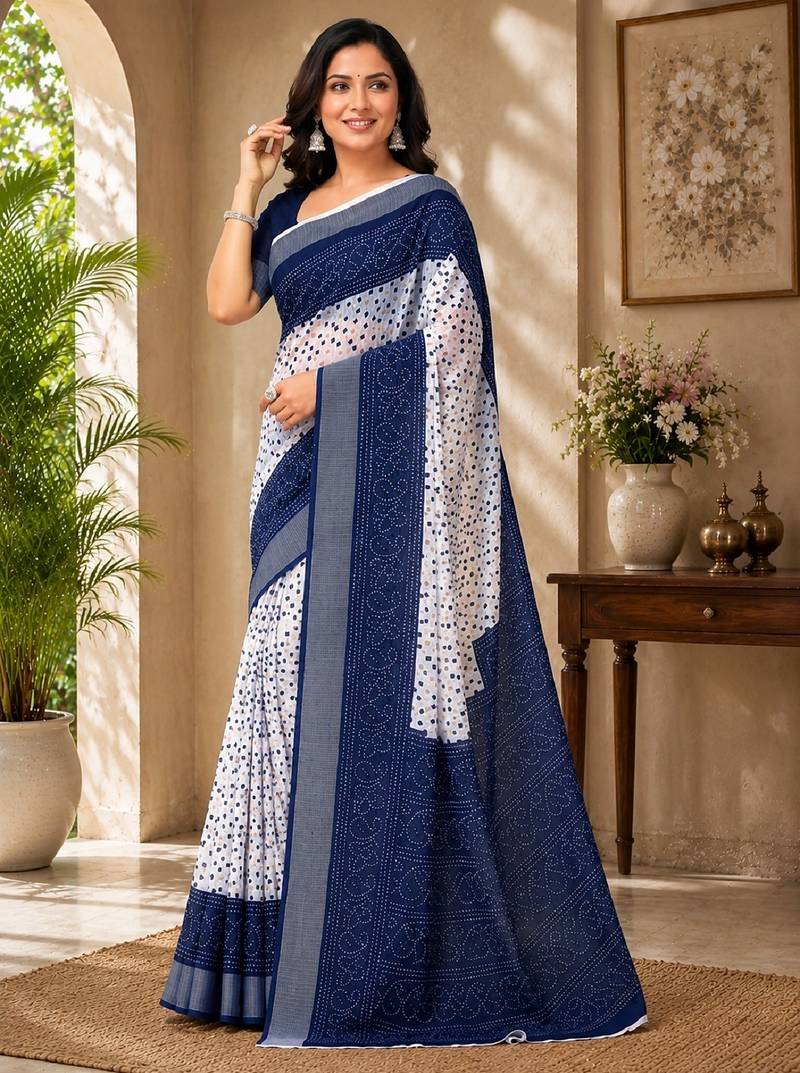 White blue linen digital print work saree with unstitched blouse piece