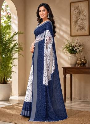 White blue linen digital print work saree with unstitched blouse piece 2