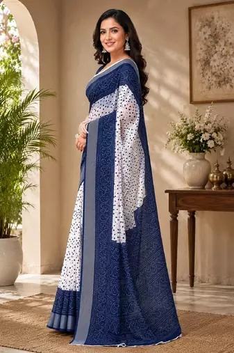 White blue linen digital print work saree with unstitched blouse piece