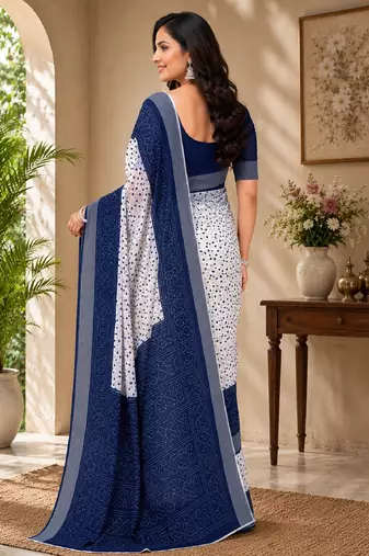 White blue linen digital print work saree with unstitched blouse piece