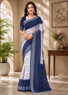 White blue linen digital print work saree with unstitched blouse piece 4