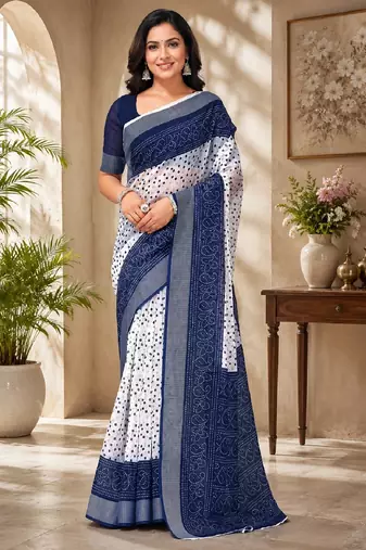 White blue linen digital print work saree with unstitched blouse piece