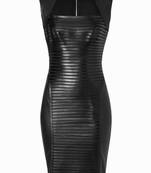 Women’s genuine black soft lambskin leather midi sleeveless dress