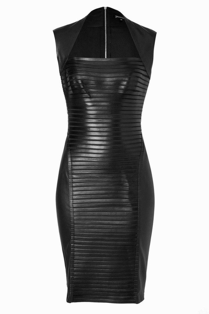 Women’s genuine black soft lambskin leather midi sleeveless dress