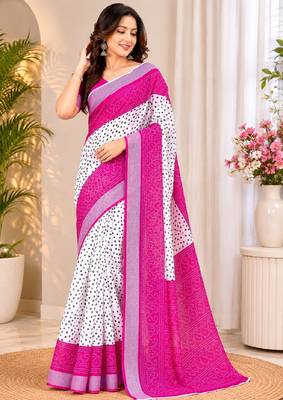 White pink linen digital print work saree with unstitched blouse piece 1