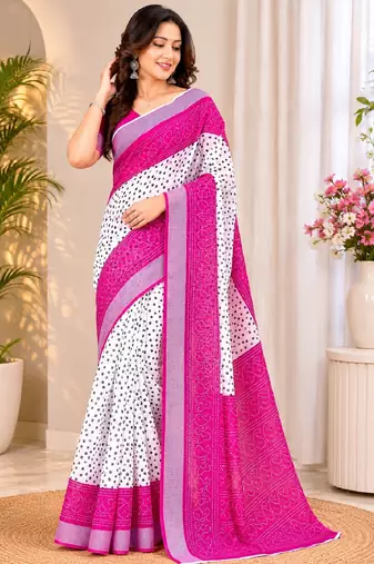 White pink linen digital print work saree with unstitched blouse piece