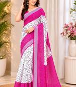 White pink linen digital print work saree with unstitched blouse piece