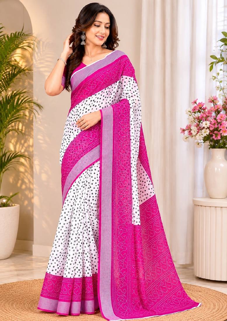 White pink linen digital print work saree with unstitched blouse piece