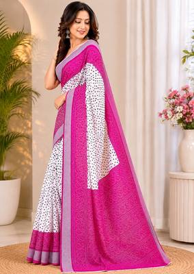 White pink linen digital print work saree with unstitched blouse piece 2