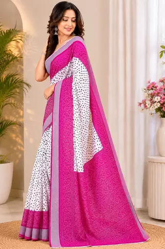 White pink linen digital print work saree with unstitched blouse piece
