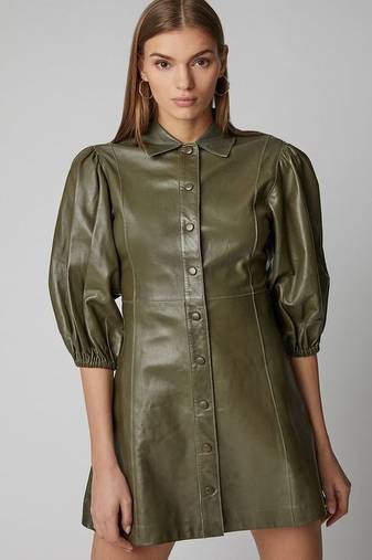 Women’s genuine lambskin green leather bodycon sleeveless mini dress