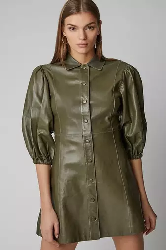 Women’s genuine lambskin green leather bodycon sleeveless mini dress