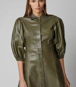 Women’s genuine lambskin green leather bodycon sleeveless mini dress