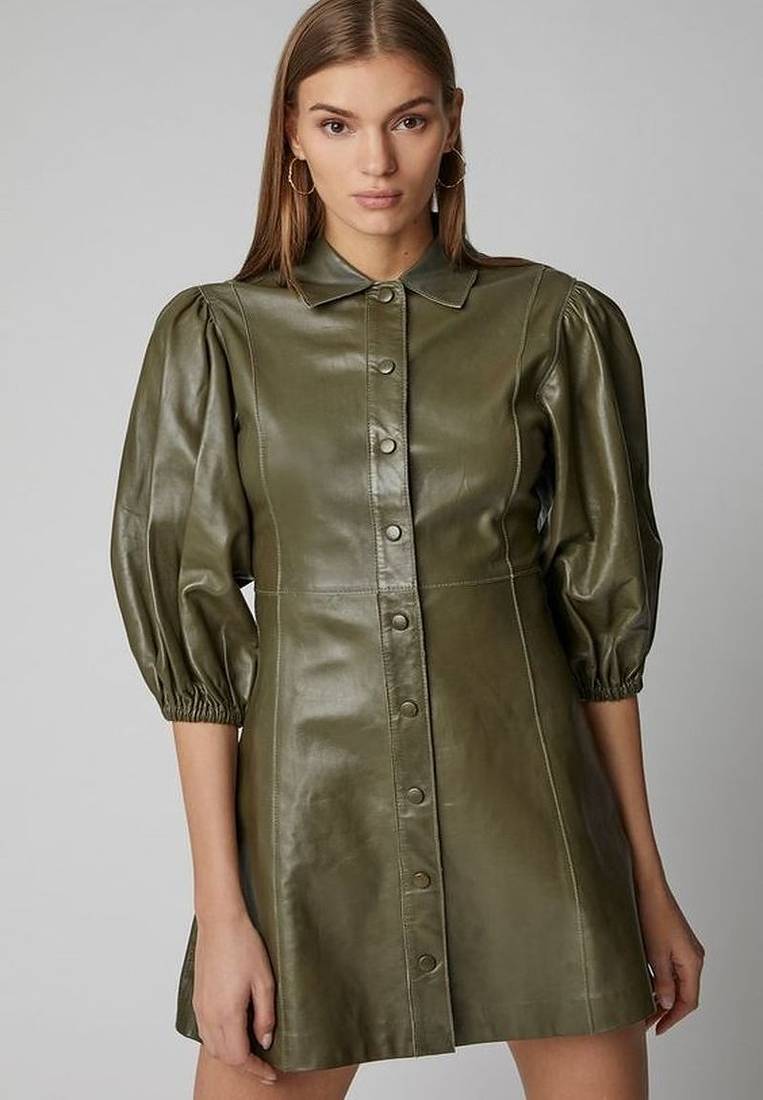 Women’s genuine lambskin green leather bodycon sleeveless mini dress