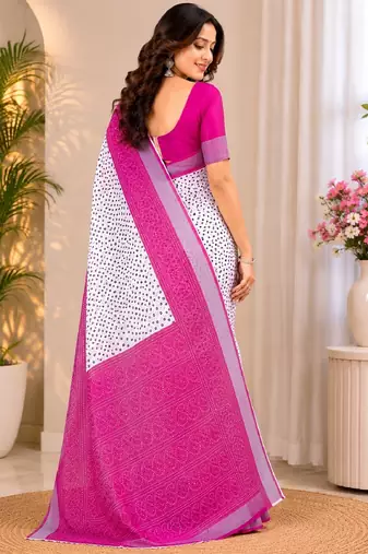 White pink linen digital print work saree with unstitched blouse piece