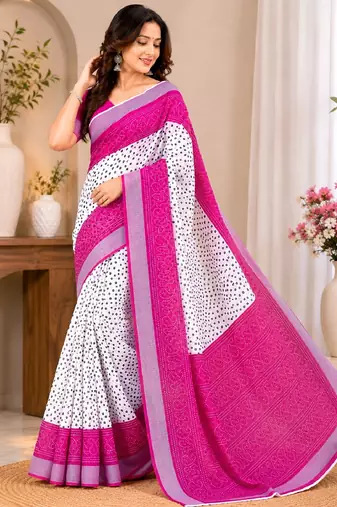White pink linen digital print work saree with unstitched blouse piece