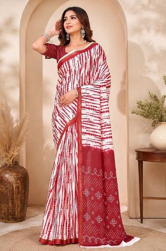 White red linen digital print work saree with unstitched blouse piece