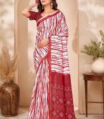 White red linen digital print work saree with unstitched blouse piece
