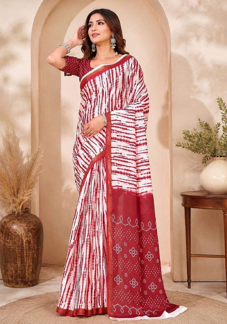 White red linen digital print work saree with unstitched blouse piece