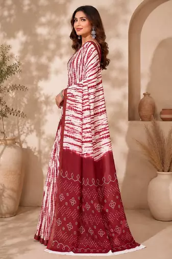 White red linen digital print work saree with unstitched blouse piece