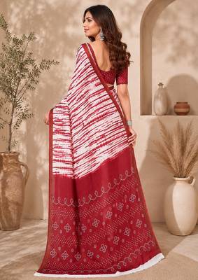 White red linen digital print work saree with unstitched blouse piece 3