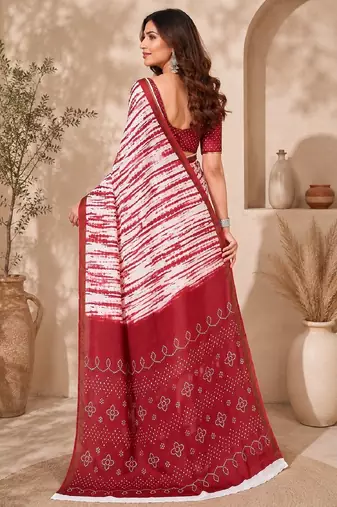 White red linen digital print work saree with unstitched blouse piece