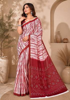 White red linen digital print work saree with unstitched blouse piece 4