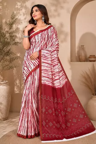 White red linen digital print work saree with unstitched blouse piece