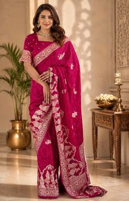 Rani pink silk with zari weave work saree with unstitched blouse piece 1