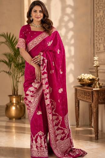 Rani pink silk with zari weave work saree with unstitched blouse piece