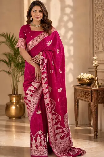 Rani pink silk with zari weave work saree with unstitched blouse piece