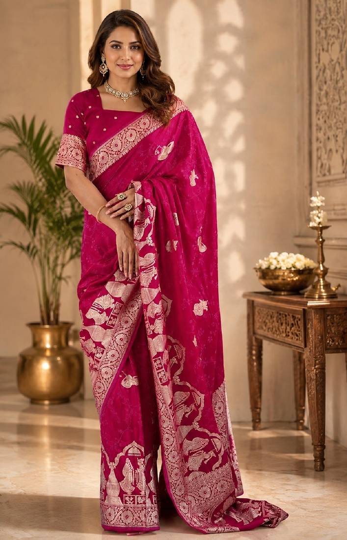 Rani pink silk with zari weave work saree with unstitched blouse piece