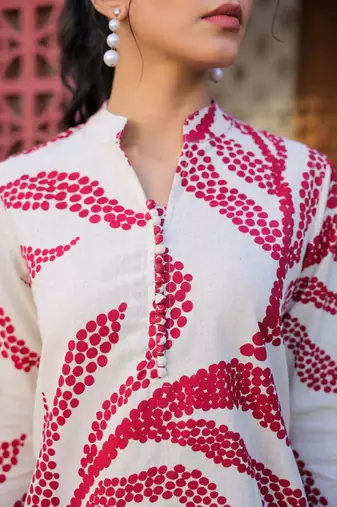White floral printed cotton stitched co-ord set for women