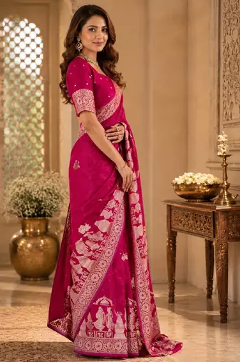 Rani pink silk with zari weave work saree with unstitched blouse piece