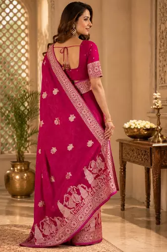 Rani pink silk with zari weave work saree with unstitched blouse piece