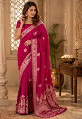 Rani pink silk with zari weave work saree with unstitched blouse piece 4